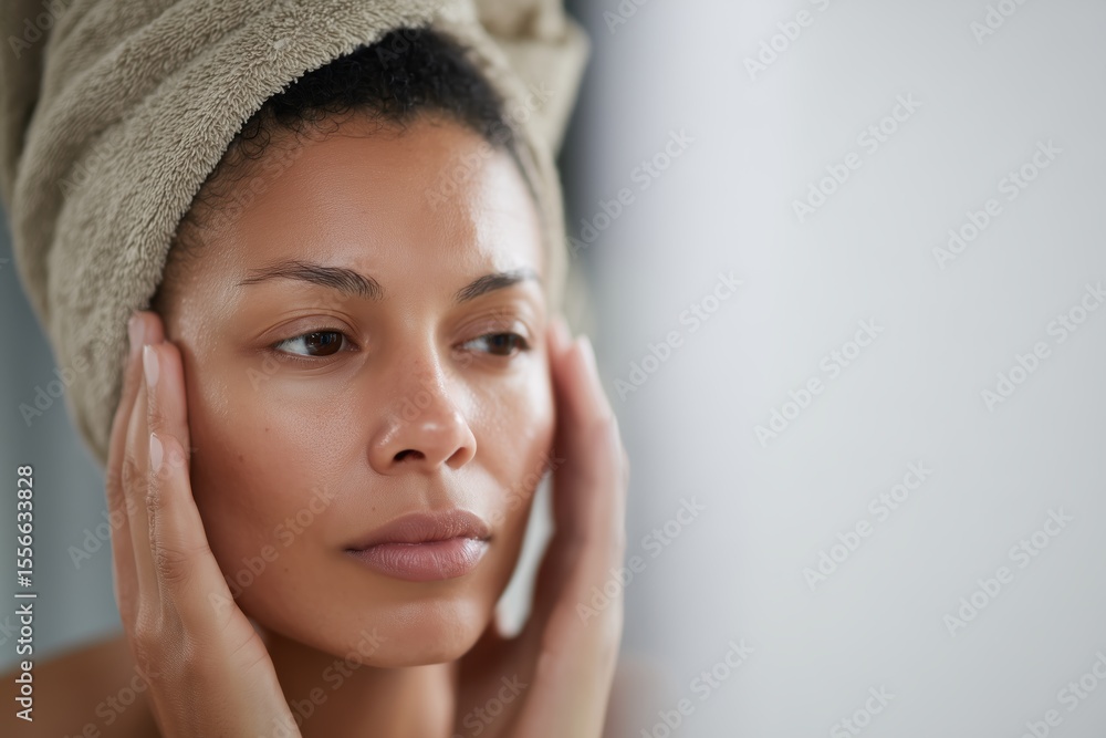 Serene beauty portrait of a woman with flawless skin, wrapped in towel, gently touching her face with a soft, reflective gaze. Serene beauty portrait of a woman with flawless skin, wrapped in towel, gently touching her face with a soft, reflective gaze.