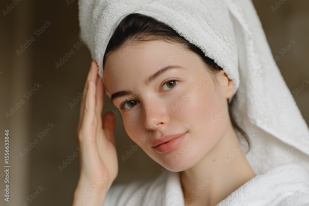 Obraz premium A portrait of a woman with soft, radiant skin, a fresh face, wrapped in a towel, capturing her natural beauty.