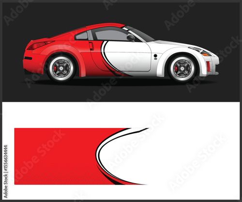 Red and White Sports Car with Graphic Design Template Displayed