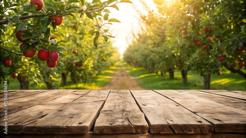 Rustic Wooden Table in Front of Apple Orchard at Golden Hour – Harvest Background