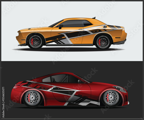 Two Sports Cars with Custom Graphics One Yellow and One Red Side View
