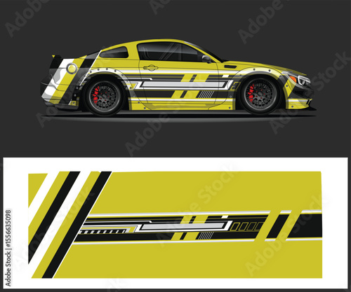 Yellow and Black Racing Car Wrap Design with Geometric Patterns