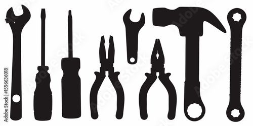 Collection of hand tools for home repair and diy projects including wrench screwdriver hammer and pliers silhouette