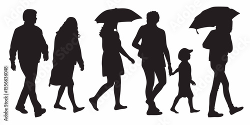 Silhouette people walking in rain with umbrella vector art design for digital illustration and graphic design use