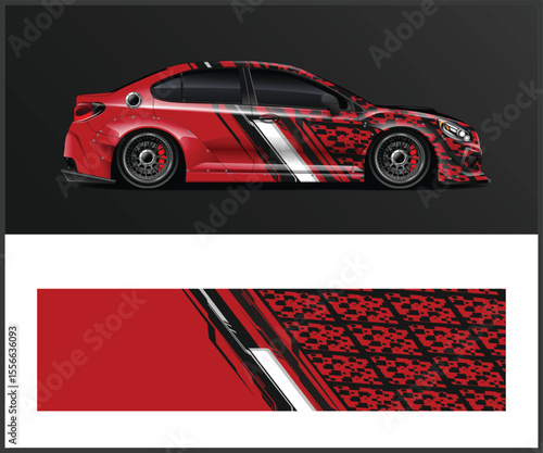 Red Race Car Wrap Design with Geometric Pattern and Side View