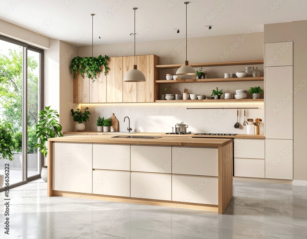 Fototapeta premium Japandi Minimalist Kitchen Interior with Oak and Ceramic Accents