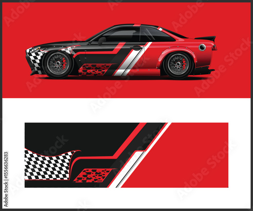 Sleek Racing Car with Red and Black Livery and Matching Wrap Design