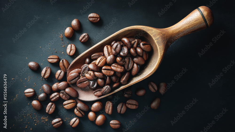 Fototapeta premium Dark Coffee Beans Spilling from Wooden Scoop on Black Background Creating a Rich, Inviting Visual Experience