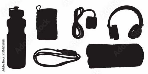 Fitness essentials vector art featuring water bottle headphones and towel for workout motivation vector silhouette