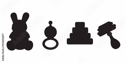 Baby toys vector illustration featuring rabbit rattle stacking toy and roller for design projects use silhouette