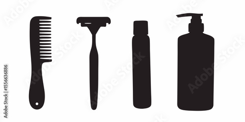 Personal care hygiene grooming essentials comb razor bottle soap dispenser silhouette vector graphic