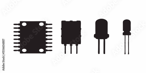 Electronic components vector image featuring ic chip transistor and led diode for circuit design projects silhouette