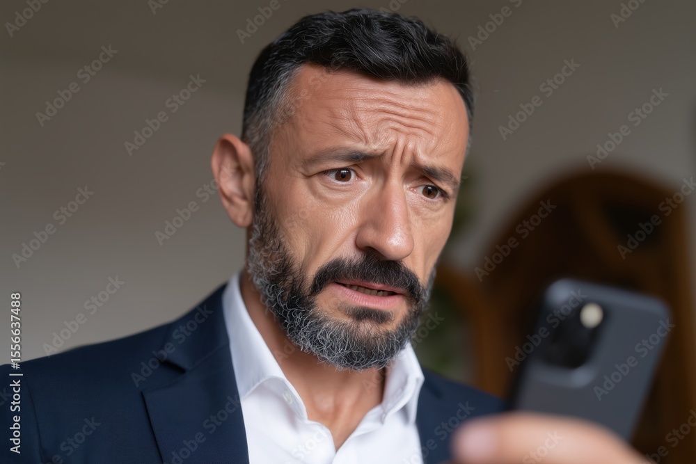 A bearded man in a suit looks at a phone with a surprised expression, with a puzzled look, capturing a moment of digital-age bewilderment. A bearded man in a suit looks at a phone with a surprised expression, with a puzzled look, capturing a moment of digital-age bewilderment.