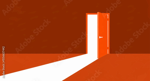 This high-quality vector graphic features a minimalist, slightly ajar vibrant orange door revealing a bright white light path, emphasizing new opportunities and clean design.