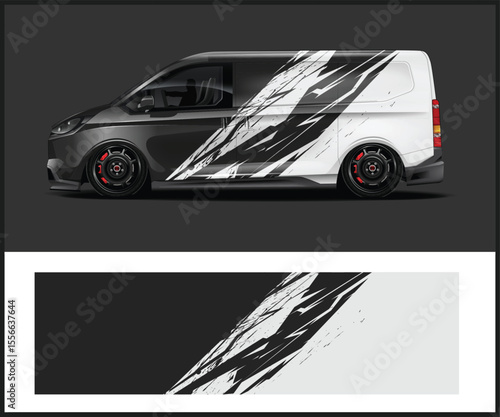 Black and White Van with Abstract Graphic Wrap Design Illustration