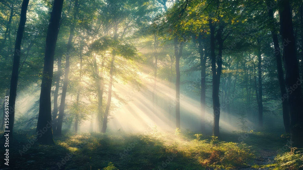 Obraz premium Enchanted Forest Canopy: Sunbeams and Mist Dancing Among the Verdant Trees