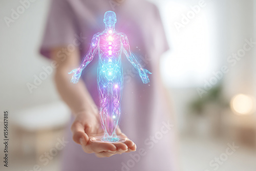 Health coach holding glowing 3D hologram of human energy body

