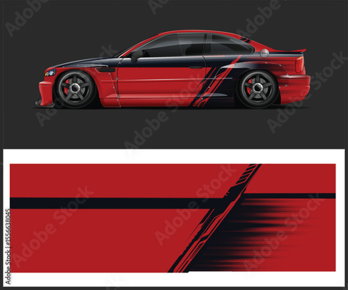 Red and Black Racing Car Wrap Design with Abstract Graphics