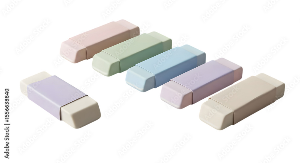 Fototapeta premium Collection of pastel erasers on a transparent background showcasing various soft colors and eraser design elements for educational or creative themes.