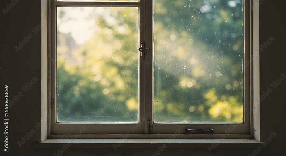 Fototapeta premium Vintage window pane with dusty glass and soft shadows of tree leaves passing across during sunset
