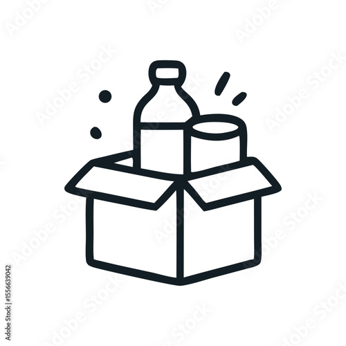 Donation box containing food and drink items for charitable giving.