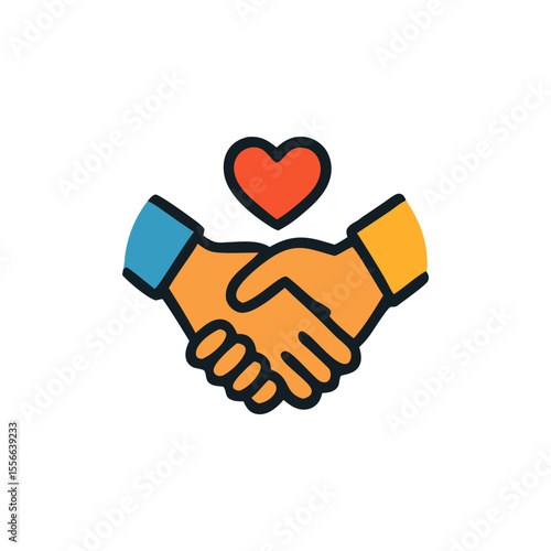 Two hands shaking in a friendly business agreement, with a heart symbol above.