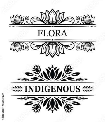 Elegant floral borders with text labels flora and indigenous isolated on white background
