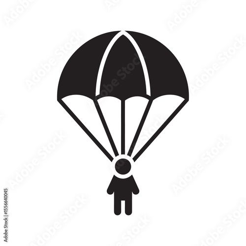 Solid glyph vector icon of a paratrooper with a parachute for military airborne operations representing skydiving sport and special force soldier