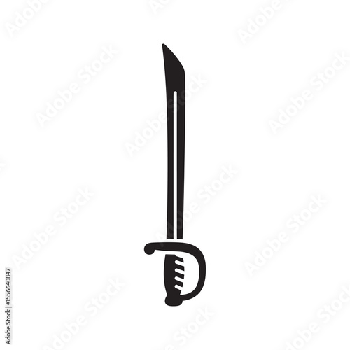 Solid glyph vector icon of a medieval sword with a hilt guard representing a knight weapon for combat and battle or a historic saber blade