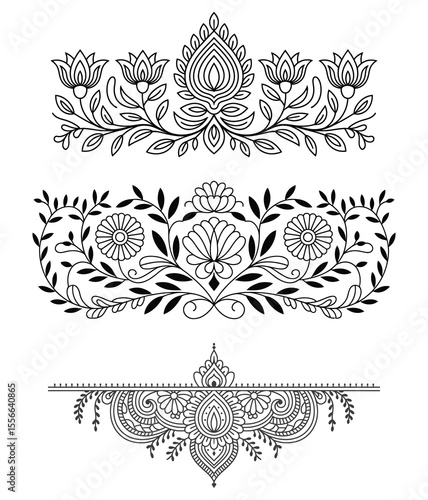 Collection of three ornamental floral borders and henna designs isolated on white background