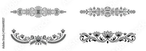 Collection of four ornate floral borders with lotus flowers isolated on white background