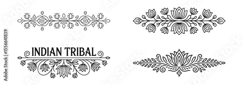 Collection of indian tribal floral ornaments and borders isolated on white background