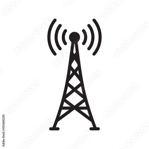 Solid glyph vector icon of a radio tower with an antenna representing a communication broadcast signal for telecommunication and network