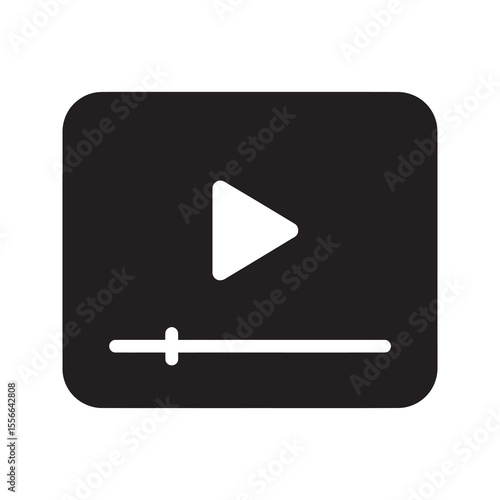 Solid glyph vector icon of a video player window with a play button representing a media application interface for online movie streaming