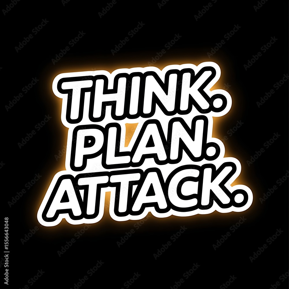 Obraz premium Think. Plan. Attack.—warboard-style layout with tactical arrows, with thick white sticker-style outline around the design, solid black background, high contrast, centered composition