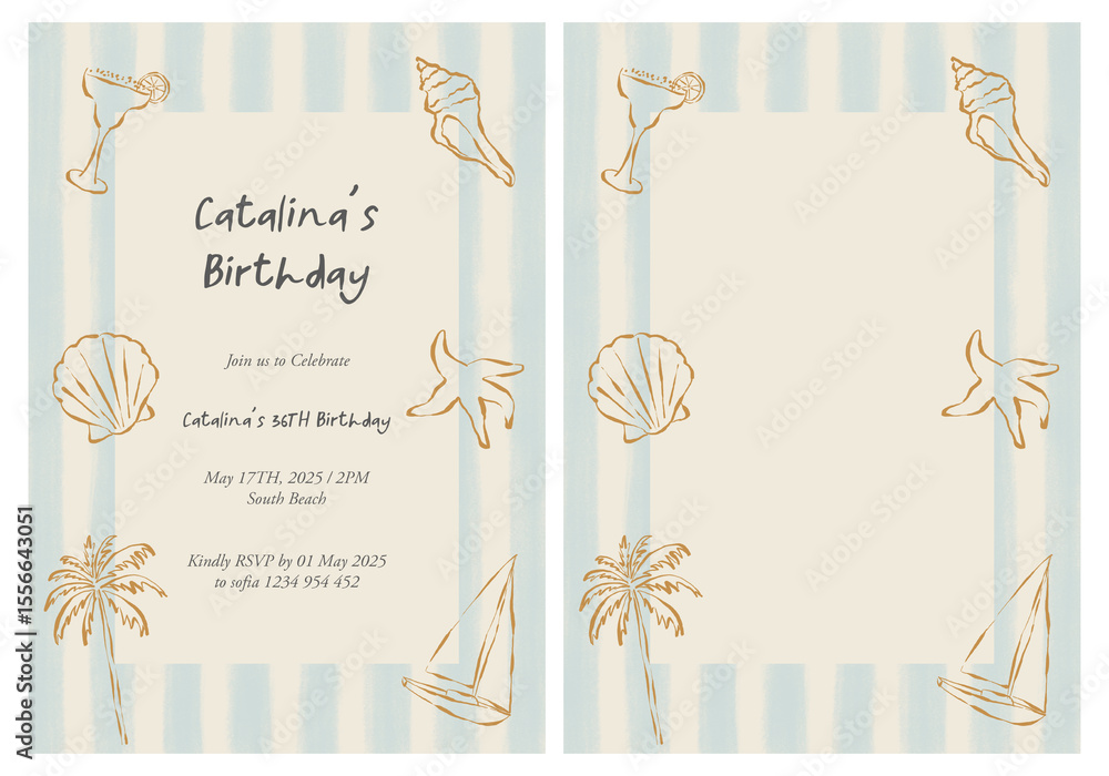 Fototapeta premium Plantilla de invitación de fiesta de verano con ilustraciones dibujadas a mano. Fondo a rayas para menú, fiesta de cena, tarjetas o publicaciones. Fiesta en la playa