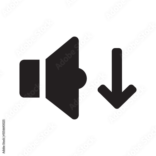 Solid glyph vector icon of a speaker with a down arrow representing volume decrease and low audio sound control for a media player