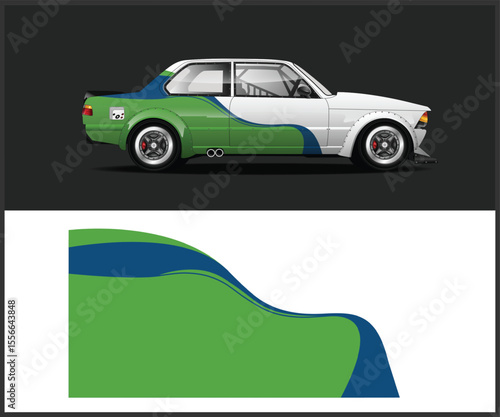 Racing Car Wrap Design with Green and Blue Stripes