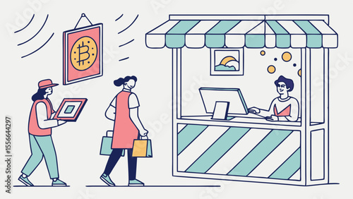 Cryptocurrency & QR Code Payment. Shoppers use digital wallets for crypto transactions at a market stall.