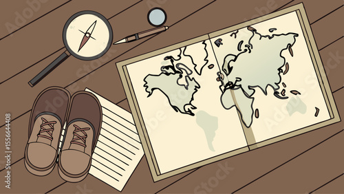 Flat Lay Travel Essentials: World Map, Compass, Shoes & Notes on Wood. Adventure Planning Concept
