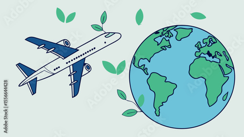 Eco-friendly Global Travel Concept: Airplane, Earth, and Green Leaves for Sustainable Aviation