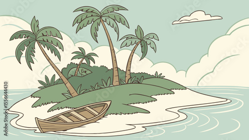 Desert Island with Palm Trees and Wooden Boat on Sandy Beach. Tropical Paradise Illustration.
