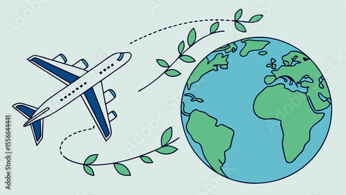 Sustainable Air Travel: Airplane with Green Leaves Path to Earth - Eco-Friendly Global Journey Illustration