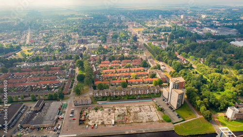 Aerial view of the old town of the city Hoogezand in the Netherlands on a sunny day in summer