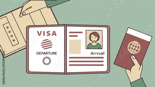 International travel documents: Hands with passport and visa. Flat illustration of immigration, departure, and arrival process.