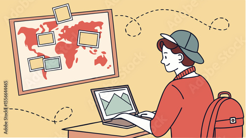 Traveler planning world adventure on laptop, a map with photo frames, symbolizing travel dreams, memories, and digital nomad lifestyle.