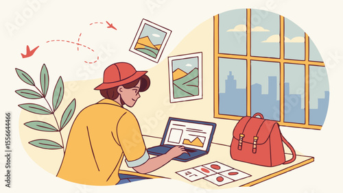 Digital nomad working on travel plans with laptop, creative design, and city view.