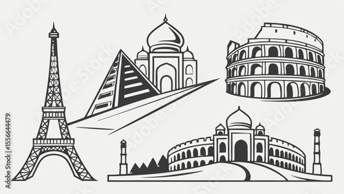 Monochrome Vector Icons of Iconic Global Travel Landmarks