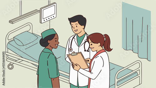 Diverse Medical Team Collaborating on Patient Care in Hospital Room Illustration