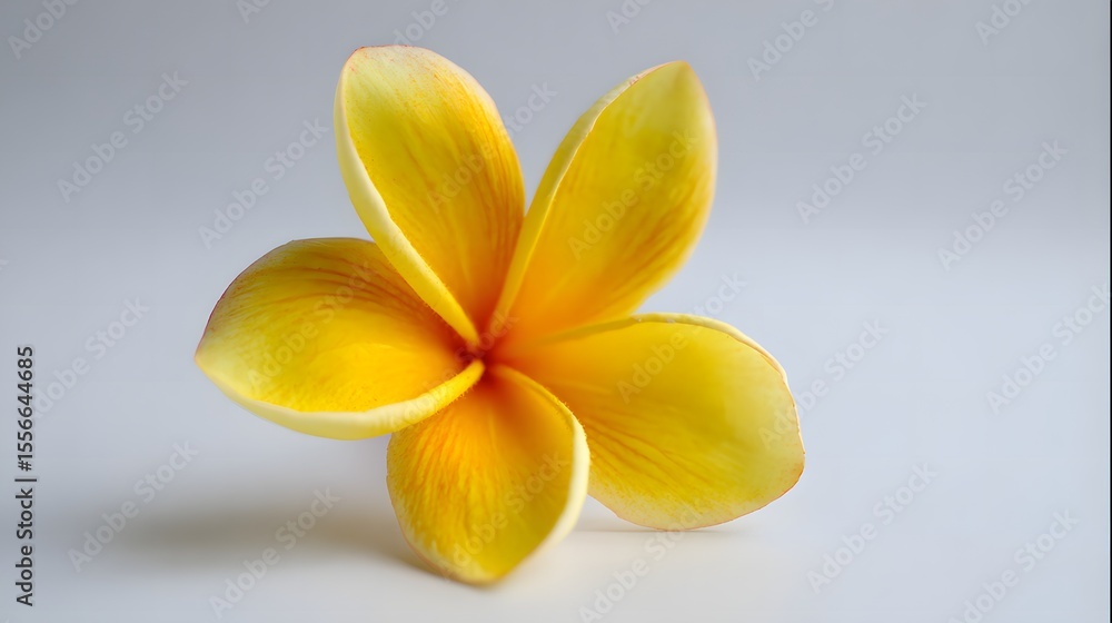 Naklejka premium Close-up of a vibrant yellow plumeria flower with delicate petals and soft lighting